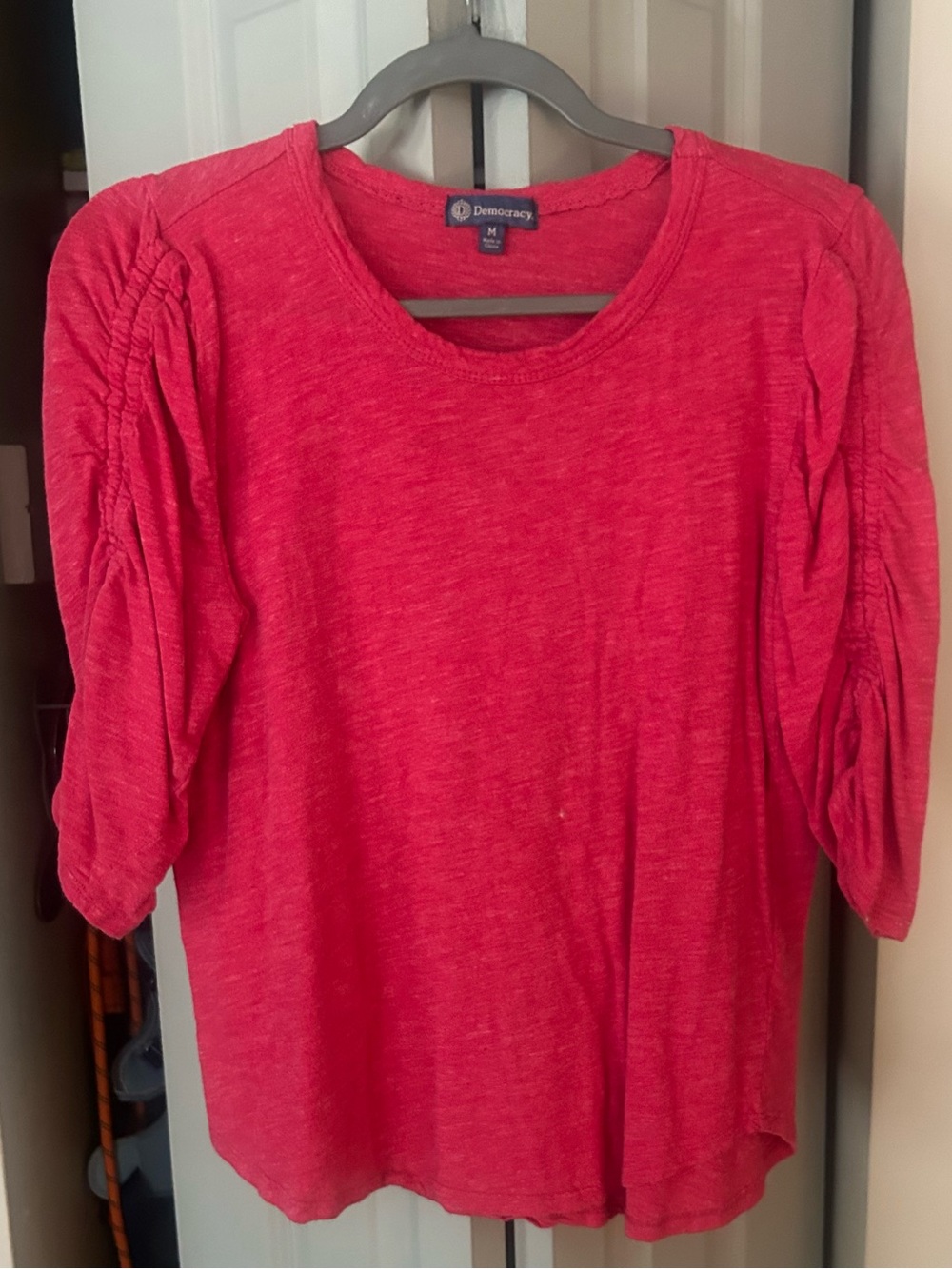 Democracy Women's Bright Pink Ruched Sleeve Tee